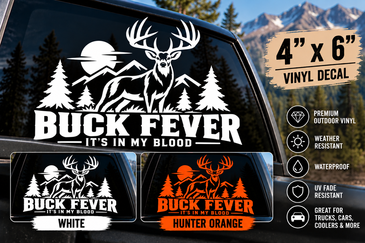 Buck Fever It's in My Blood whitetail decal listing cover, White and Hunter Orange