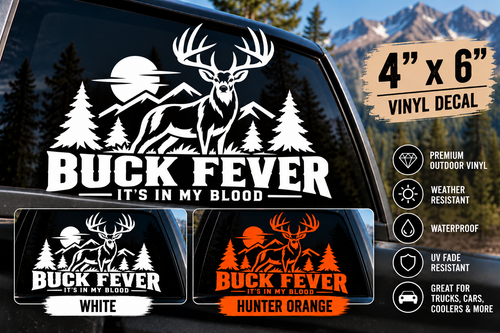 Buck Fever It's in My Blood whitetail decal listing cover, White and Hunter Orange