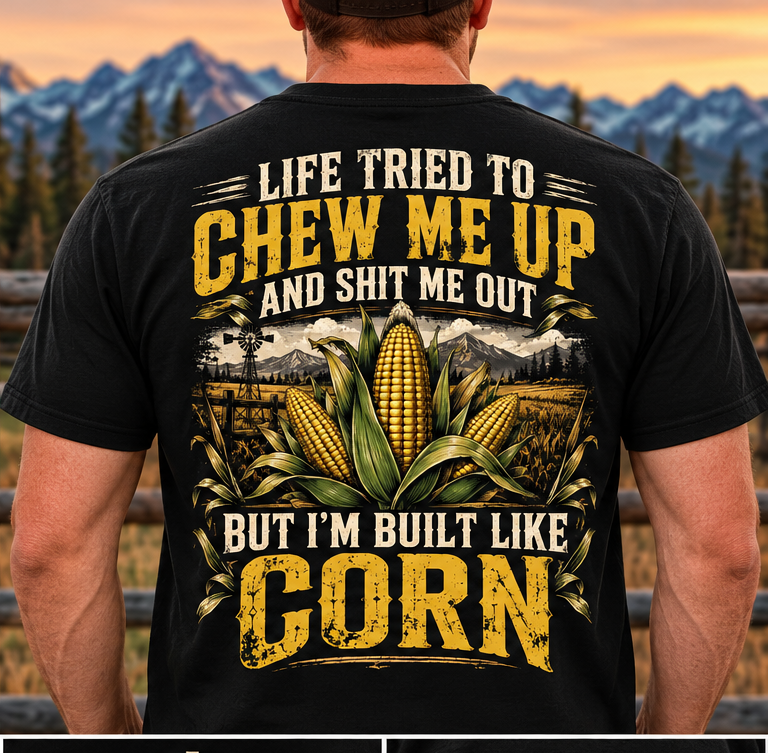 Built Like Corn black T-shirt back-view digital mockup