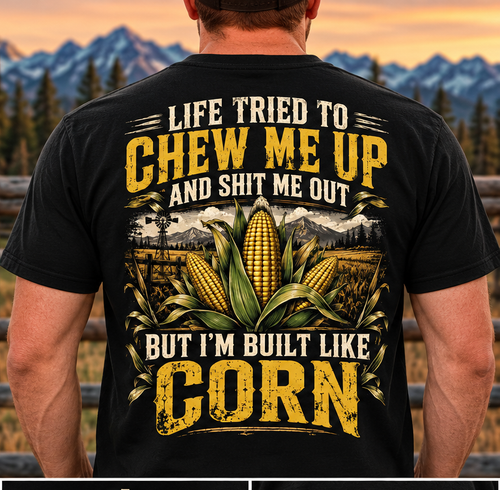 Built Like Corn black T-shirt back-view digital mockup