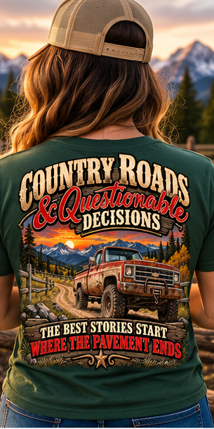Digital mockup Country Roads forest green shirt female back