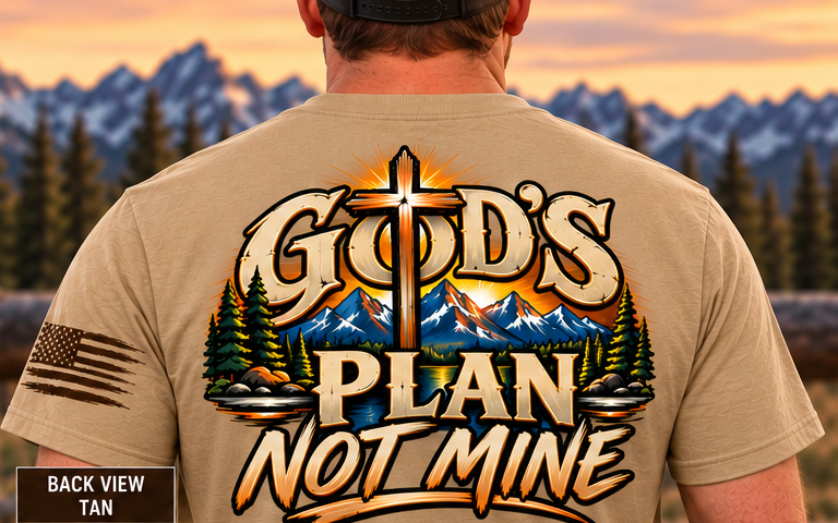 God's Plan Not Mine tan T-shirt back-view digital mockup
