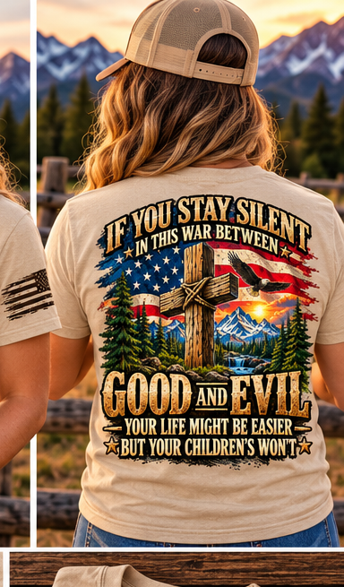 Digital mockup Good vs Evil tan T-shirt female back