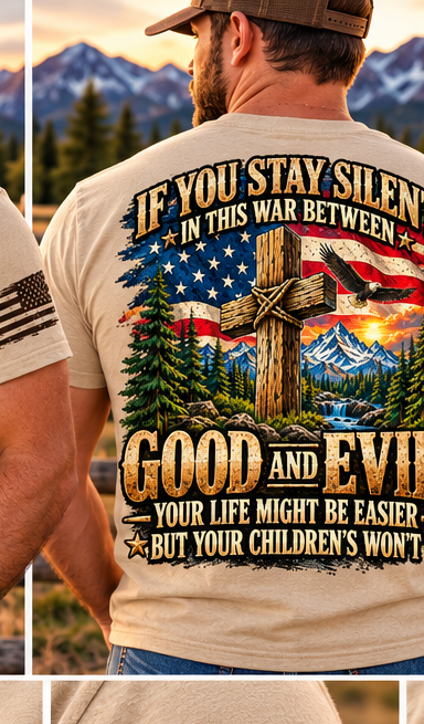 Digital mockup Good vs Evil tan T-shirt male back