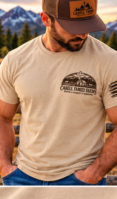 Digital mockup Good vs Evil tan T-shirt male front