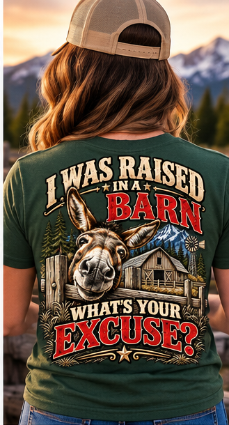 Digital mockup Raised in a Barn forest green shirt female back