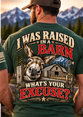 Digital mockup Raised in a Barn forest green shirt male back