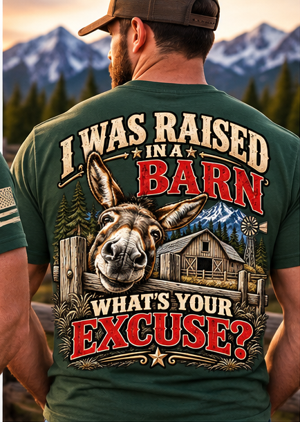 Digital mockup Raised in a Barn forest green shirt male back