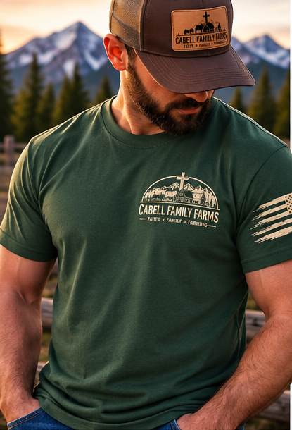 Digital mockup Raised in a Barn forest green shirt male front