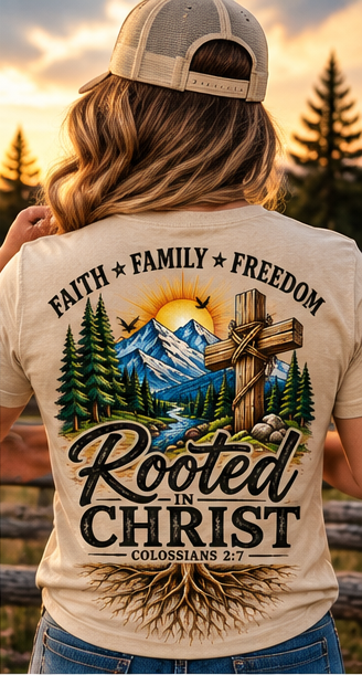 Digital mockup — Rooted in Christ tan T-shirt, female back