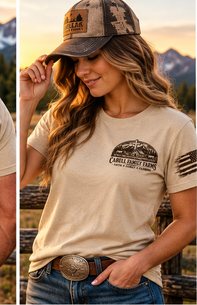 Digital mockup — Rooted in Christ tan T-shirt, female front