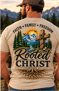 Digital mockup — Rooted in Christ tan T-shirt, male back