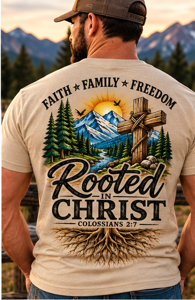 Digital mockup — Rooted in Christ tan T-shirt, male back