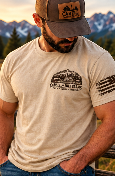 Digital mockup — Rooted in Christ tan T-shirt, male front