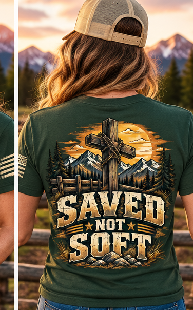 Digital mockup Saved Not Soft forest green shirt female back