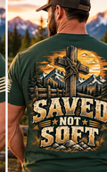 Digital mockup Saved Not Soft forest green shirt male back