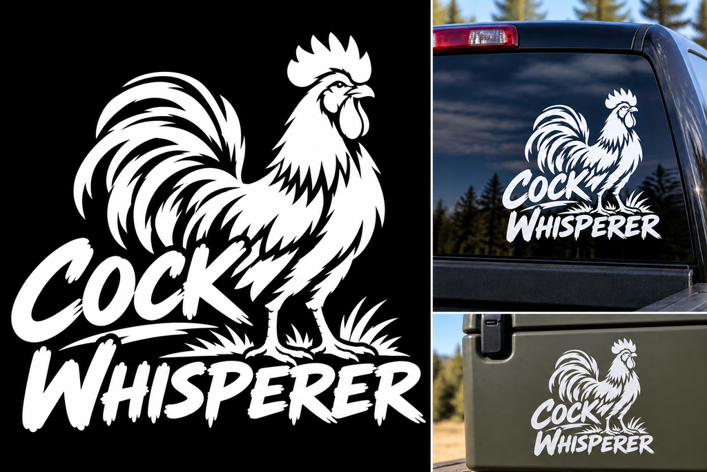 Cock Whisperer decal on truck rear window and equipment case