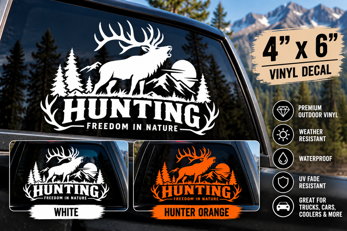 Hunting Freedom in Nature bull elk decal cover — White and Hunter Orange