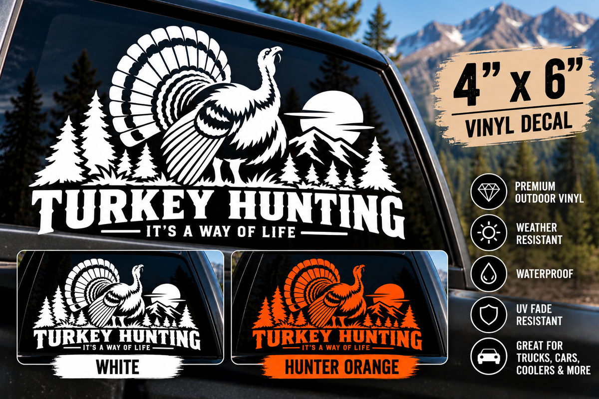 Turkey Hunting It's a Way of Life decal listing cover, White and Hunter Orange